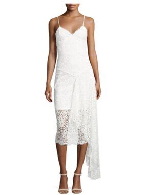 White Lace Asymmetrical Midi Dress Sheer Hem Spaghetti Strap NWT Size 0
